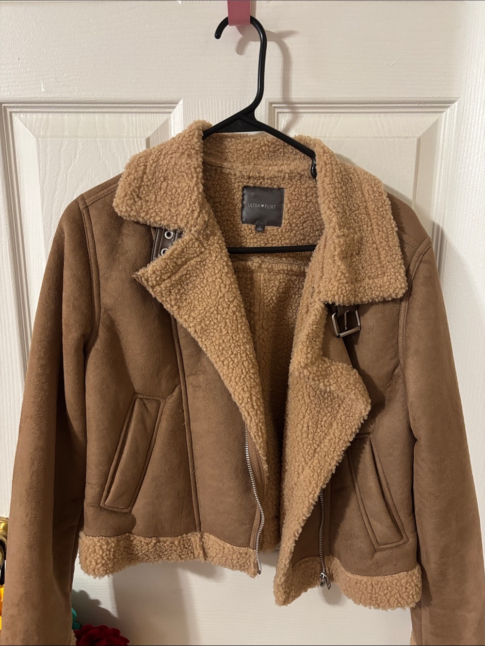 Ultra Flirt Brown Tan Faux Shearling Moto Jacket worn once
